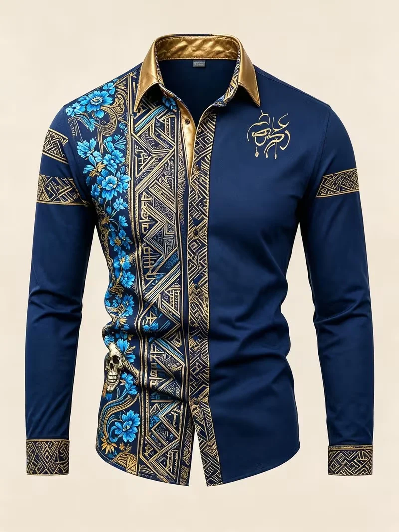New navy blue asymmetrical gold collar floral skull print long sleeved shirt, light luxury men's personalized shirt