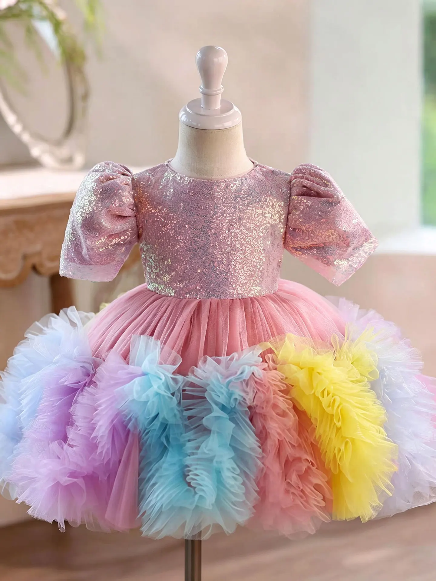 Jill Wish J916 Sequin Flower Girl Dress Rainbow Tulle Princess Gown PuffSleeve Birthday Party Dress Long Train Kid Costume