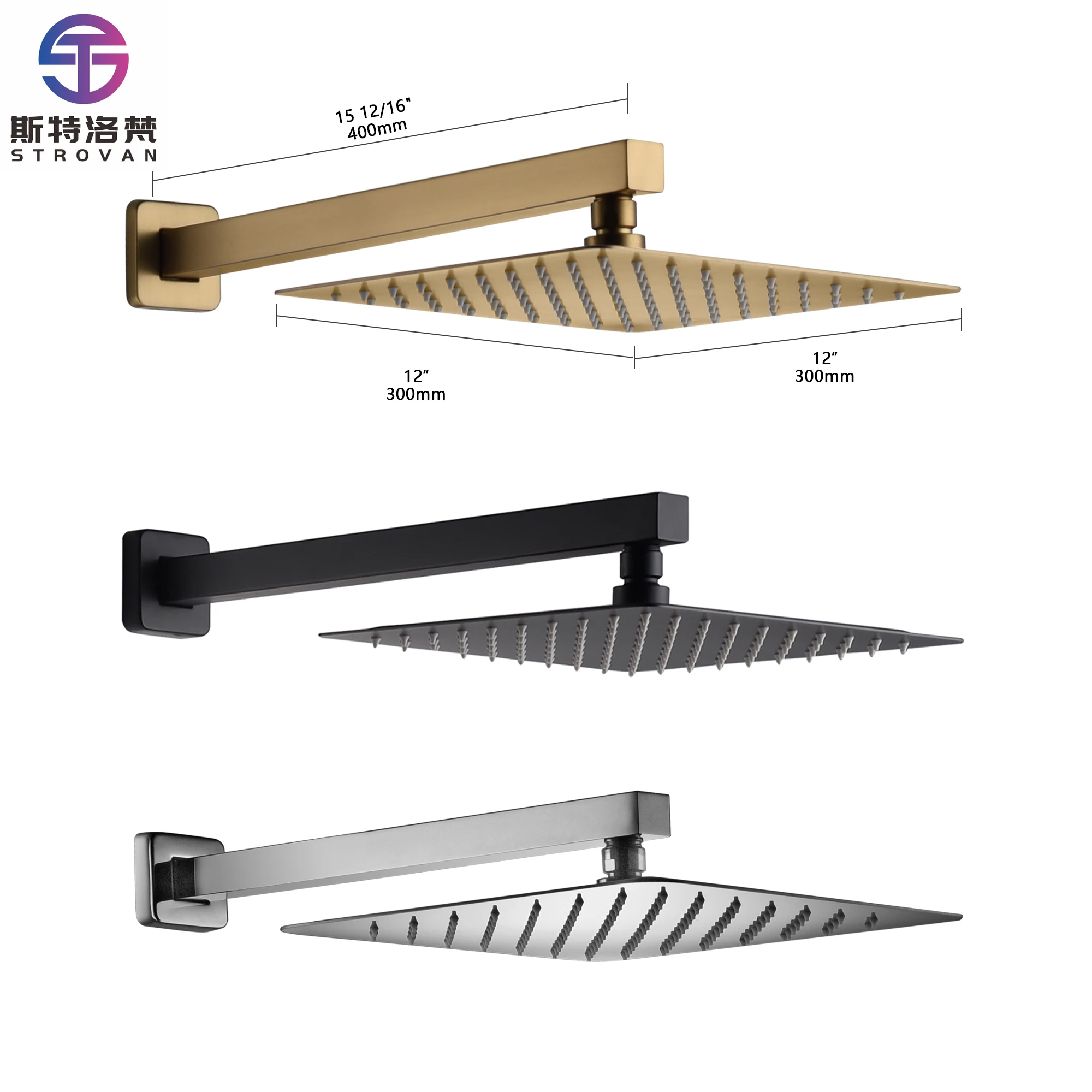 

12 Inch High Water Pressure Black Plated Bath Water Saving Square Bath Ceiling Overhead Rain Head Shower