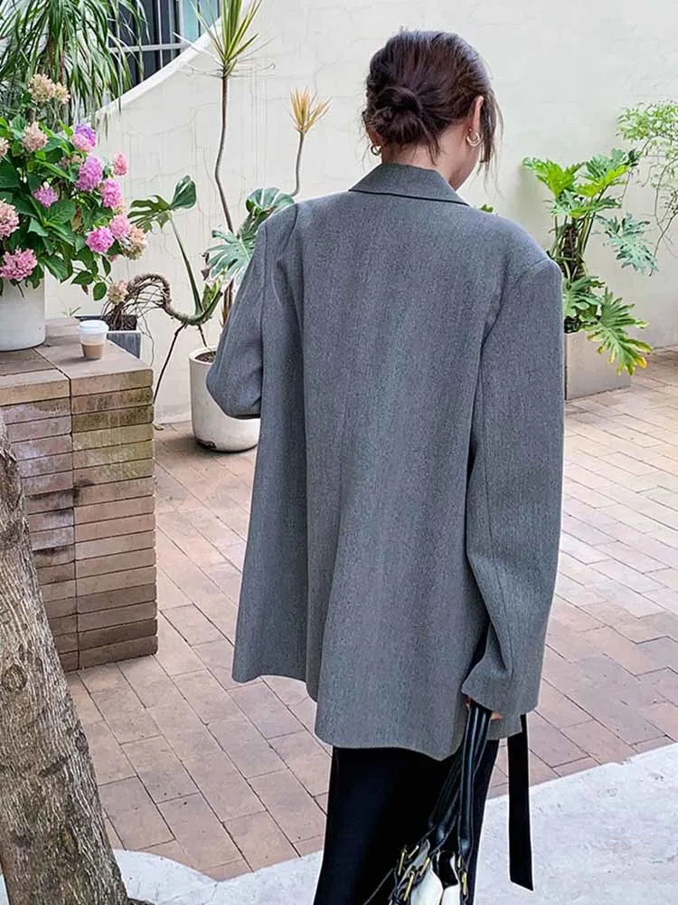 LANMREM Ribbon Slit Blazer Coats For Women Notched Long Sleeves Loose Fashion Clothing Office Lady Casual Korean Style 2R8135