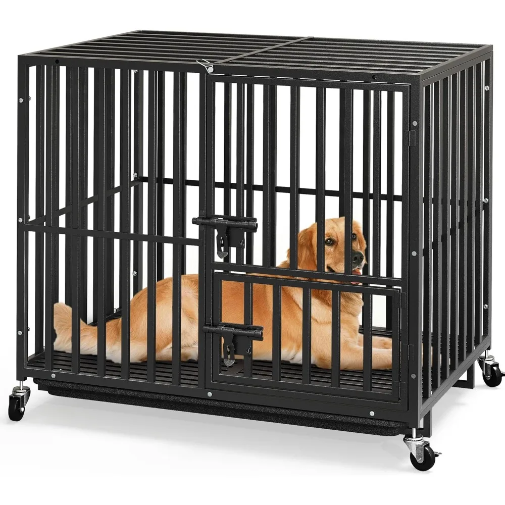 

Heavy Duty Indestructible Dog Crate, 37 inch Escape Proof Dog Cage Kennel with Lockable Wheels, High Anxiety Dog Crate, Large C