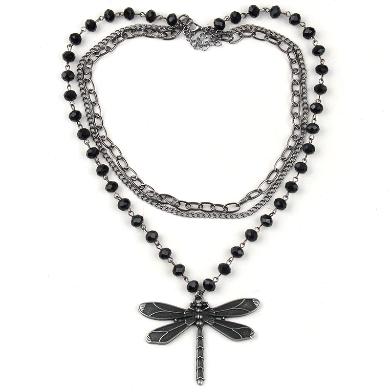 Fashion Bohemian Tribal Jewelry 3 Layer Multiple Black Crystal Rosary Link & Chain Long Druzy Pendant Necklaces