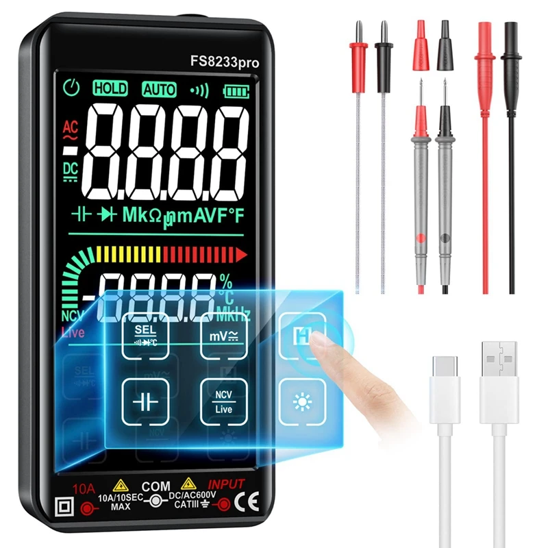 Fs8233pro Smart Digital Multimeter Touch Screen Multimetro Transistor 9999 Counts True Rmsauto Range DC/AC 10A Meter