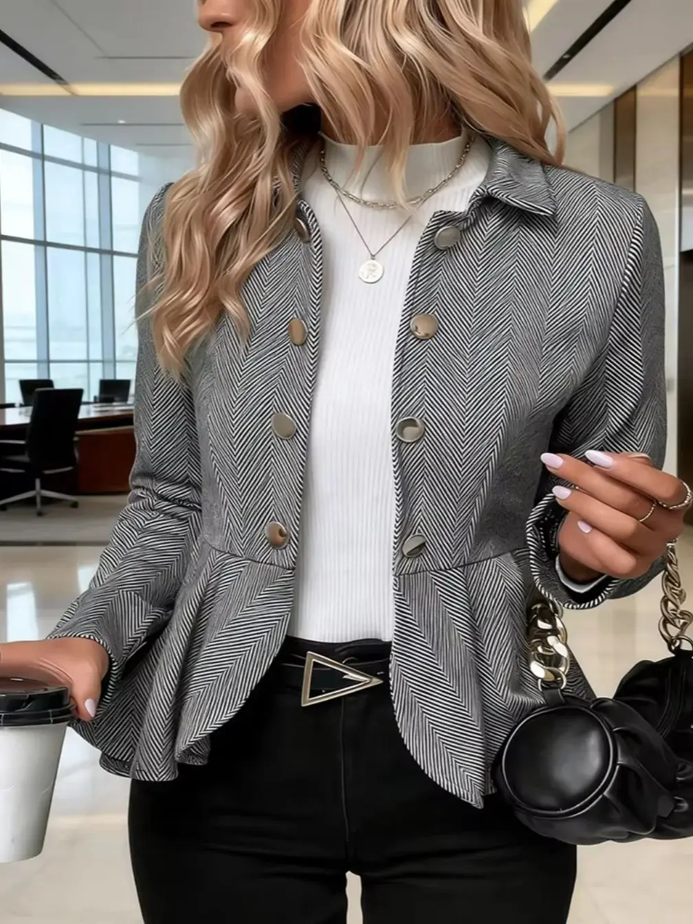 2026 Fall Winter New Arrival Women's Herringbone Ruffled Double-Breasted Waist-Fitted Business Casual Blazer 7
