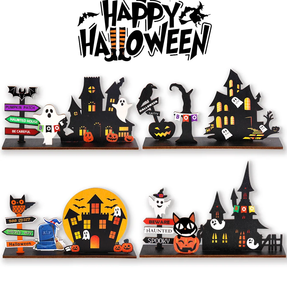 

Happy Halloween Decorations for Home Trick or Treat Pumpkin Bat Ghost Black Cat Table Ornaments Halloween Party Wooden Pendant