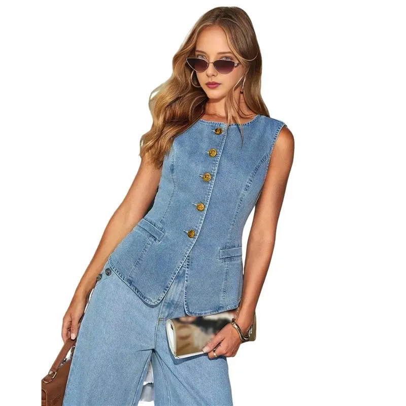 

ABRT-Womens Button Down Denim Vest Tops Sleeveless Fitted Jean Tank Tops Summer Trendy Casual Waistcoat