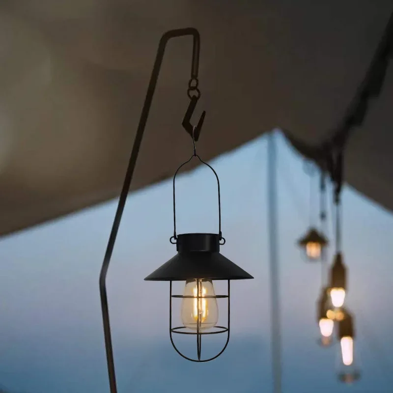 Latarnia słoneczna lampa wisząca na zewnątrz lampa namiotowa wodoodporne Vintage metalowe lampy słoneczne z żarówką wolframową do wystroju ogrodu Patio