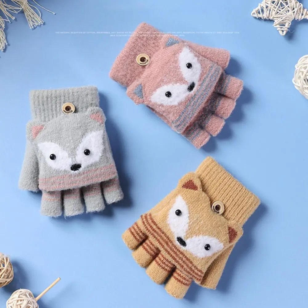 Autumn Winter Children Knitted Gloves Flip Fingerless Gloves Cute Cartoon Fox Warm Half-Finger Gloves