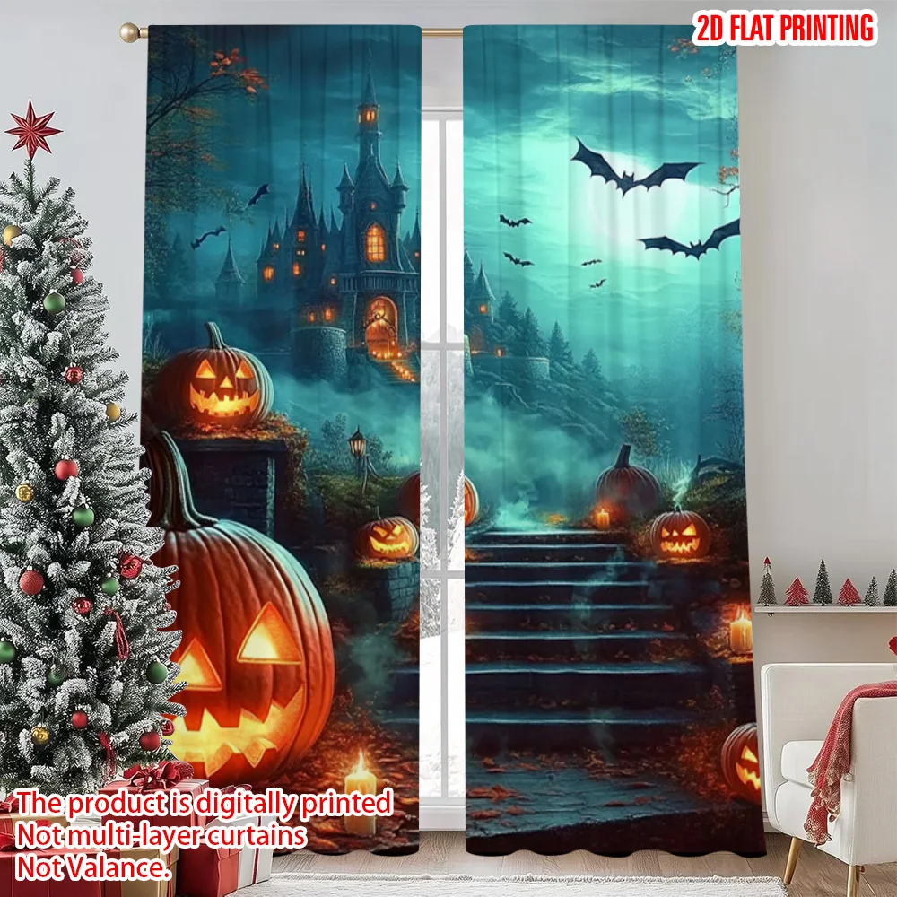 

2pcs 2D flat printing Merry Christmas Popular Window Drapes Pumpkin Castle Machine Washable Polyester Without Electricity