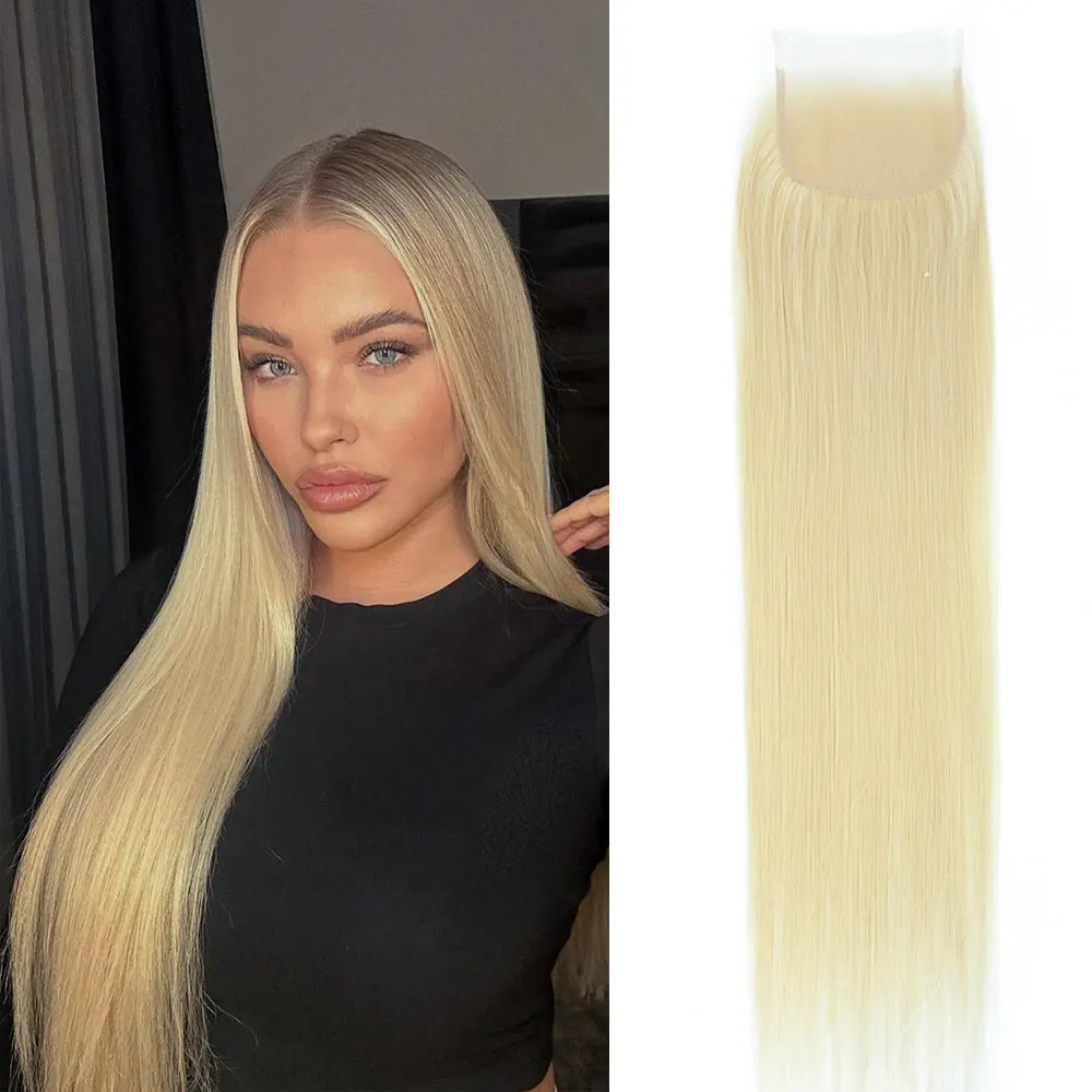 22" # 613 4X4 الاصطناعية السويسرية أعلى الدانتيل إغلاق مقاومة للحرارة مستقيم الدانتيل الشفاف مع عقدة ابيض شعر الطفل للنساء