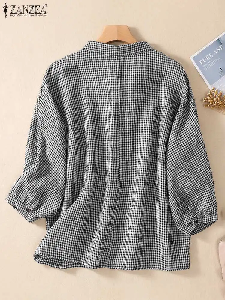 2024 ZANZEA Summer Blouse Women Fashion 3/4 Sleeve Checked Shirt Elegant OL Work Tops Female Tunic Chemise Casual Holiday Blusas