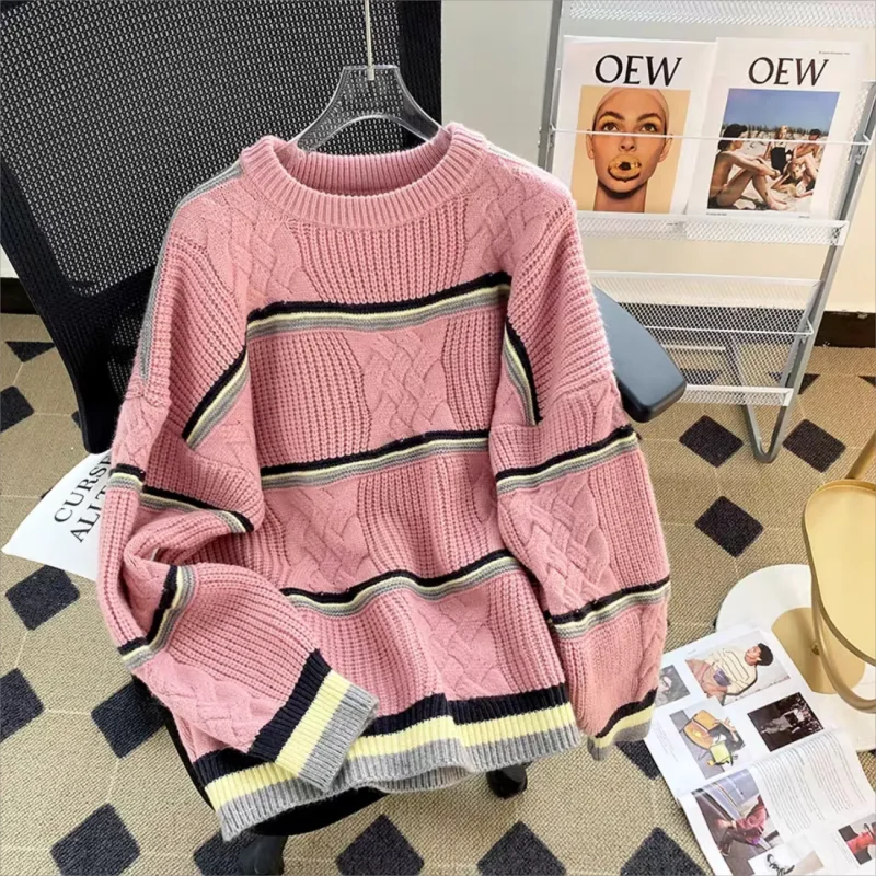 

Contrast Color Stripe Sweater Women O Collar Twist Knitwears Loose New Pullovers Korean Fashion Femme sweater