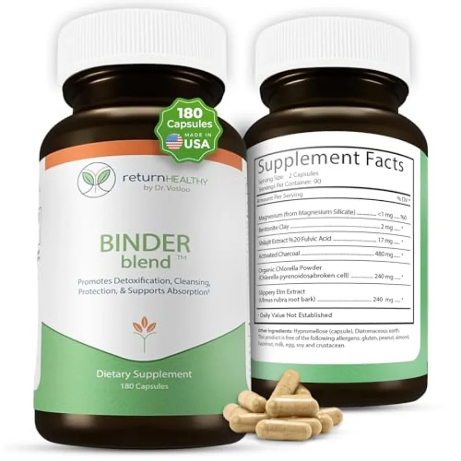 Binder Blend - Toxin Binder Supplement Detox Capsules for a Healthy Gut - 180 Capsules - 90 Servings - 960mg Activated Charcoal