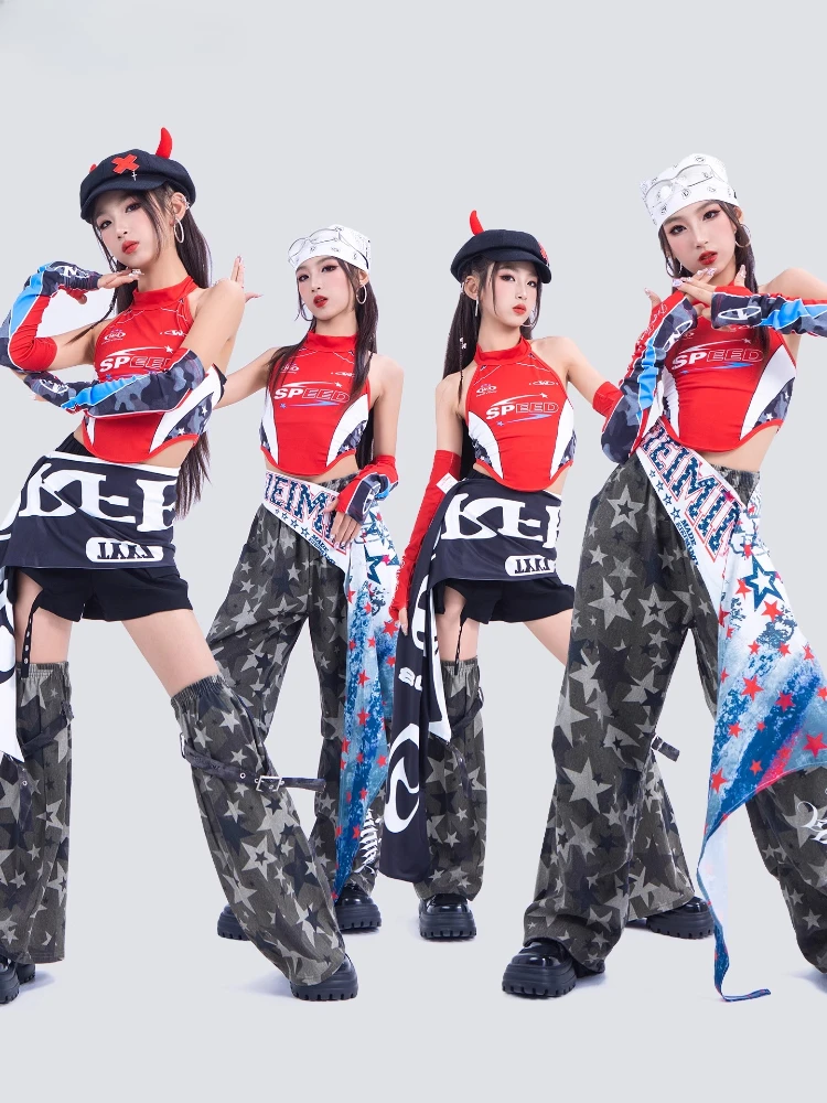 Girls Hip-Hop Street Dance Clothes Cool Jazz Dance Costumes Red Top Baggy Pants Ballroom Hip Hop Dancing Clothes Stage Outfits