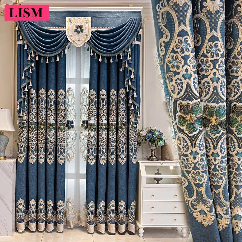 

European Chenille Hollow Embroidered Curtains for Living Room Bedroom and Kitchen Window Decor Custom Luxury Tulle Valance Set