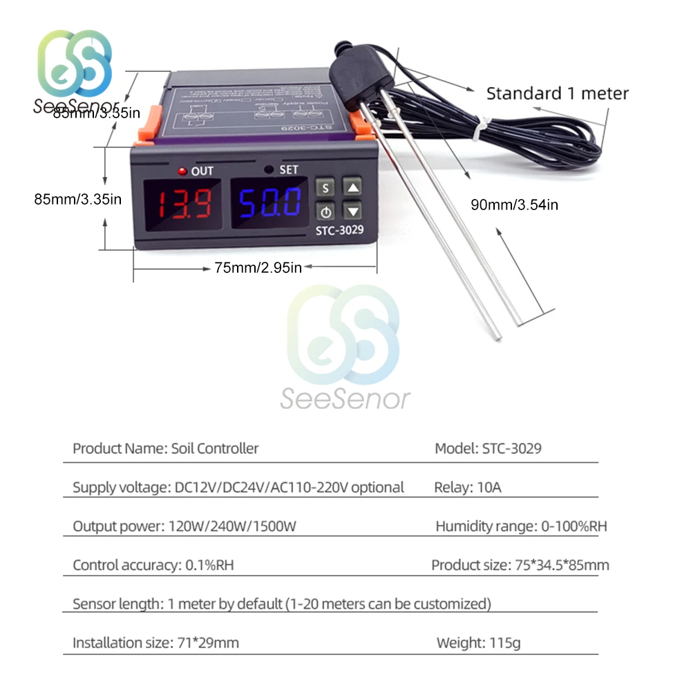 Dual Digital Humidity Controller Two Relay Output 12V 24V 220V Hygrostat STC-3029 Soil Moisture Controller Waterproof Sensor