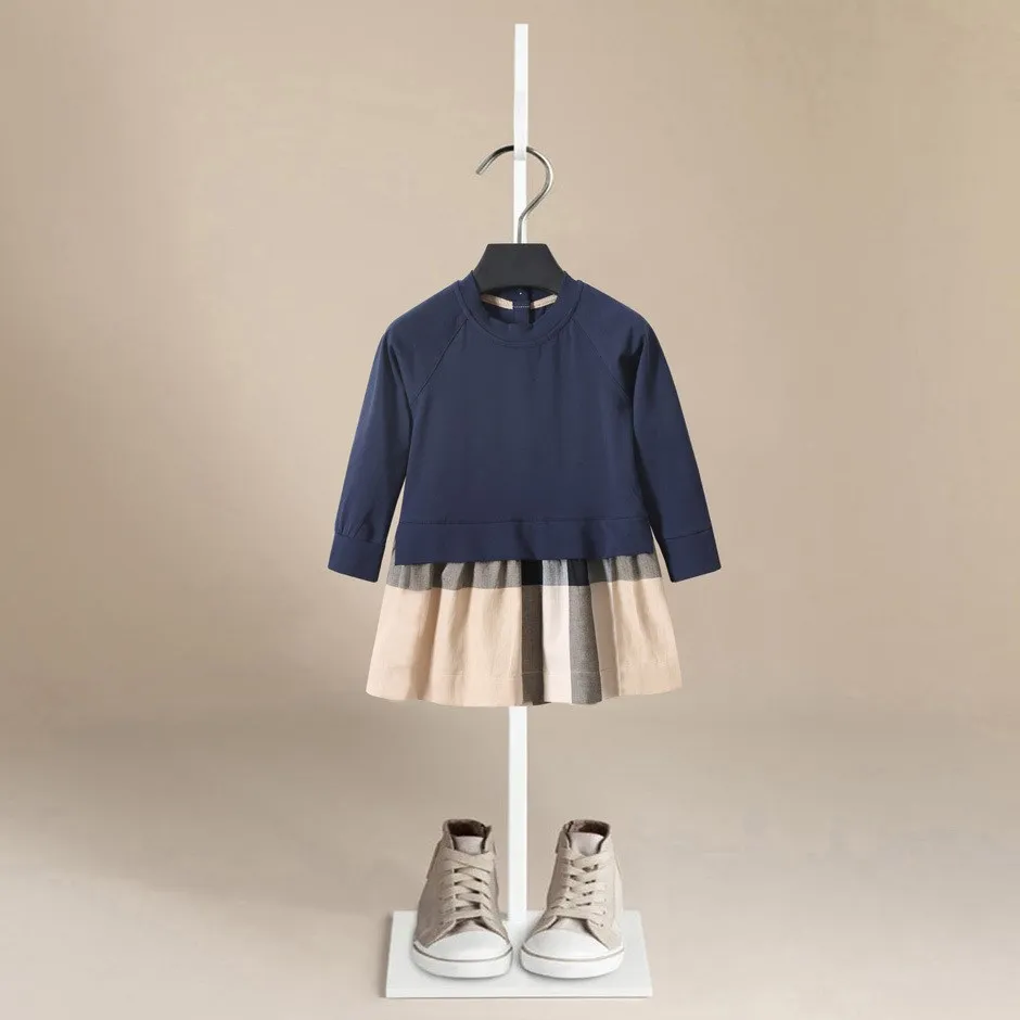 Random Stripes Design British Style Kids Girl Dress Outfits Long Sleeve Pullover Button Long Length Straight Dress Girls Clothes