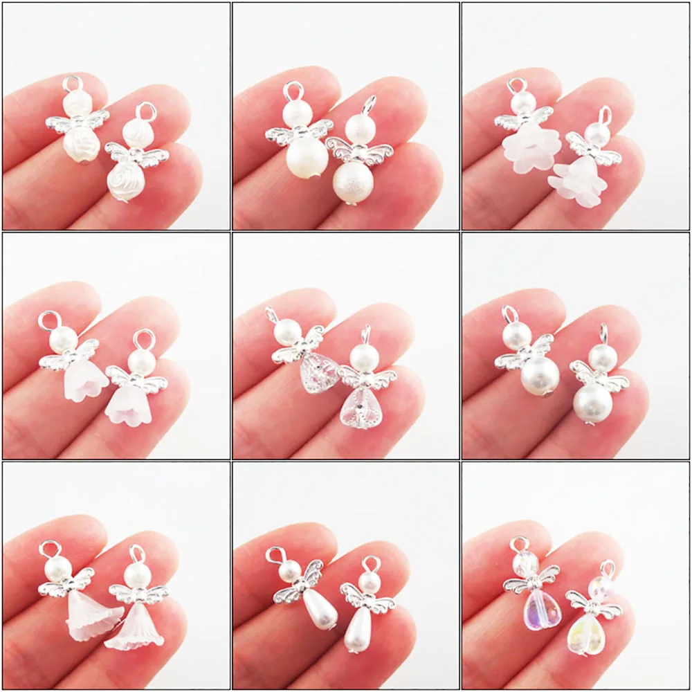 20Pcs/Lot White Dancing Heart Rose Flower Horn Acrylic Angel Silver Plated Wings Charms Pendants