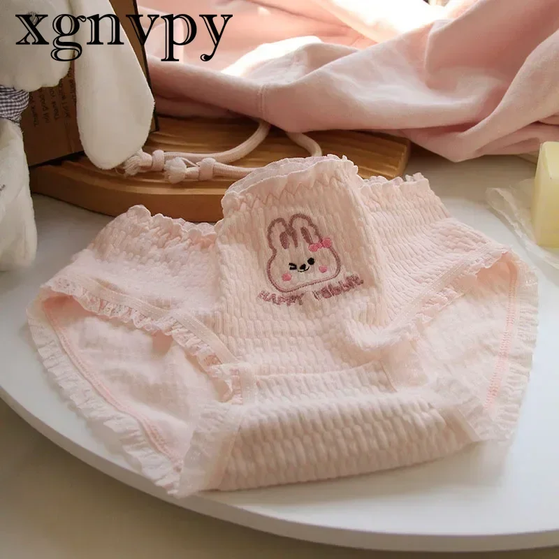 xgnvpy Girly Panties Pink Breathable Baby Cotton Mid-waist Wooden Ear Lace Crotch Briefs Women\'s Underwear Soft Comfortable