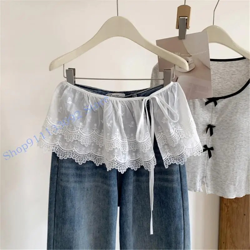 

H9ED Women's Overlay Half Skirt Hip Scarf Elegant Tiered Ruffle Hip Covering Tie Up Hollowout Flower Lace Mini Apron Skirt