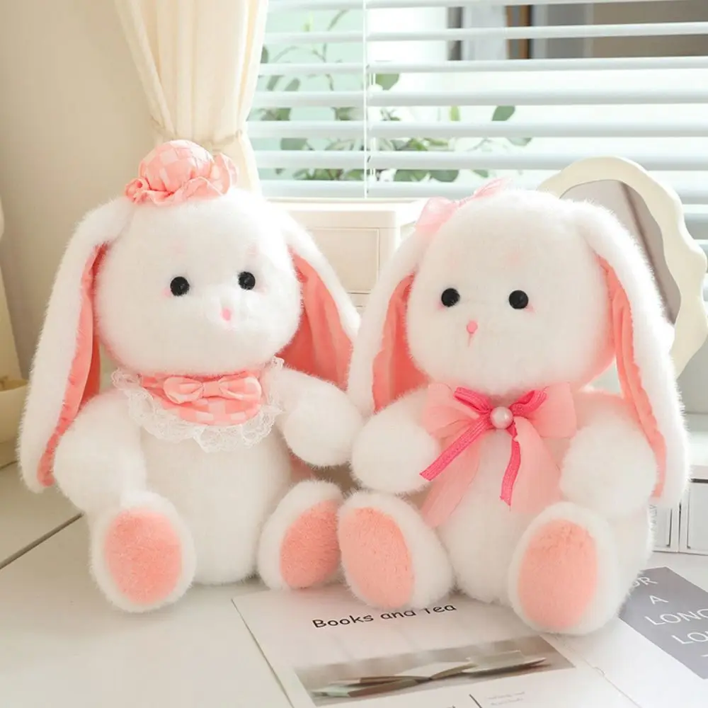 Funny Pink Rabbit Holland Lop Plush Toy Lace Bow Long Ear Bunny Plushies Doll Kawaii Cute Stuffed Animals Plush Toy Friends