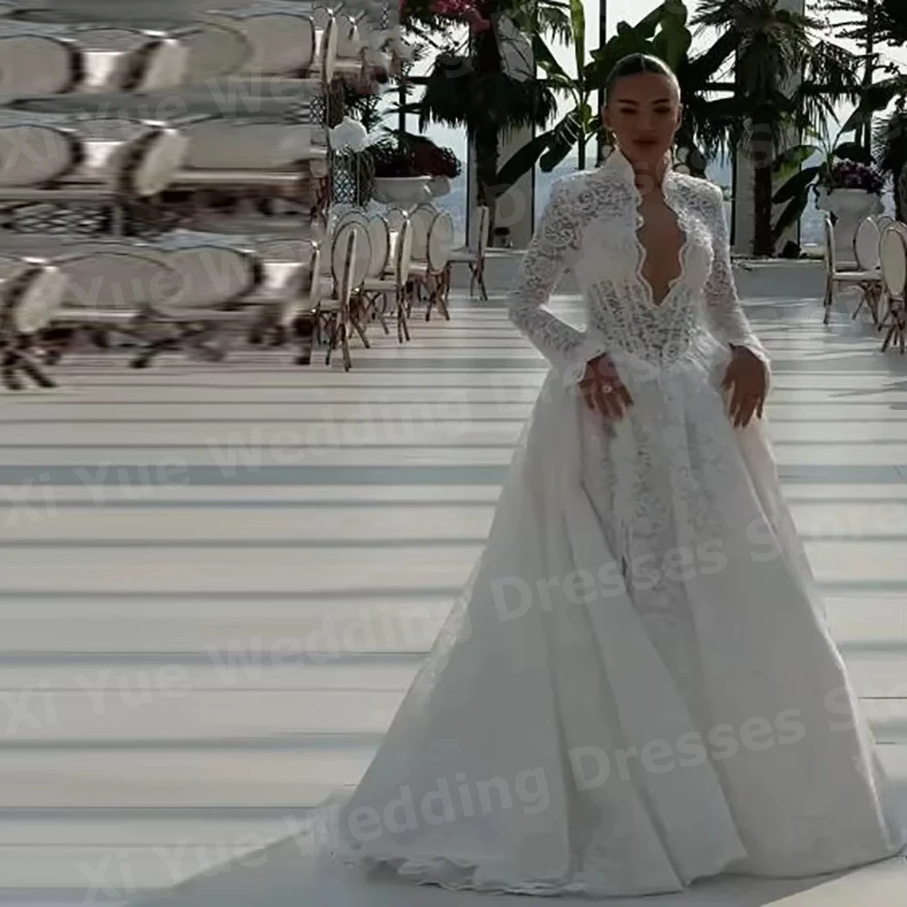 Elegante uma linha de renda feminina apliques sem costas vestidos de casamento novia manga longa vestidos de noiva personalizado robe de mariée