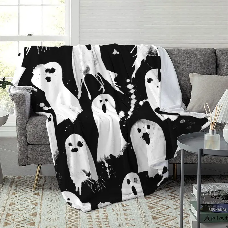 Retro Ghost Throw Blanket Black Base Ink Art Ghost Cartoon Print Soft Flannel for Kids Room Sofa Lap Halloween Home Decor Gift