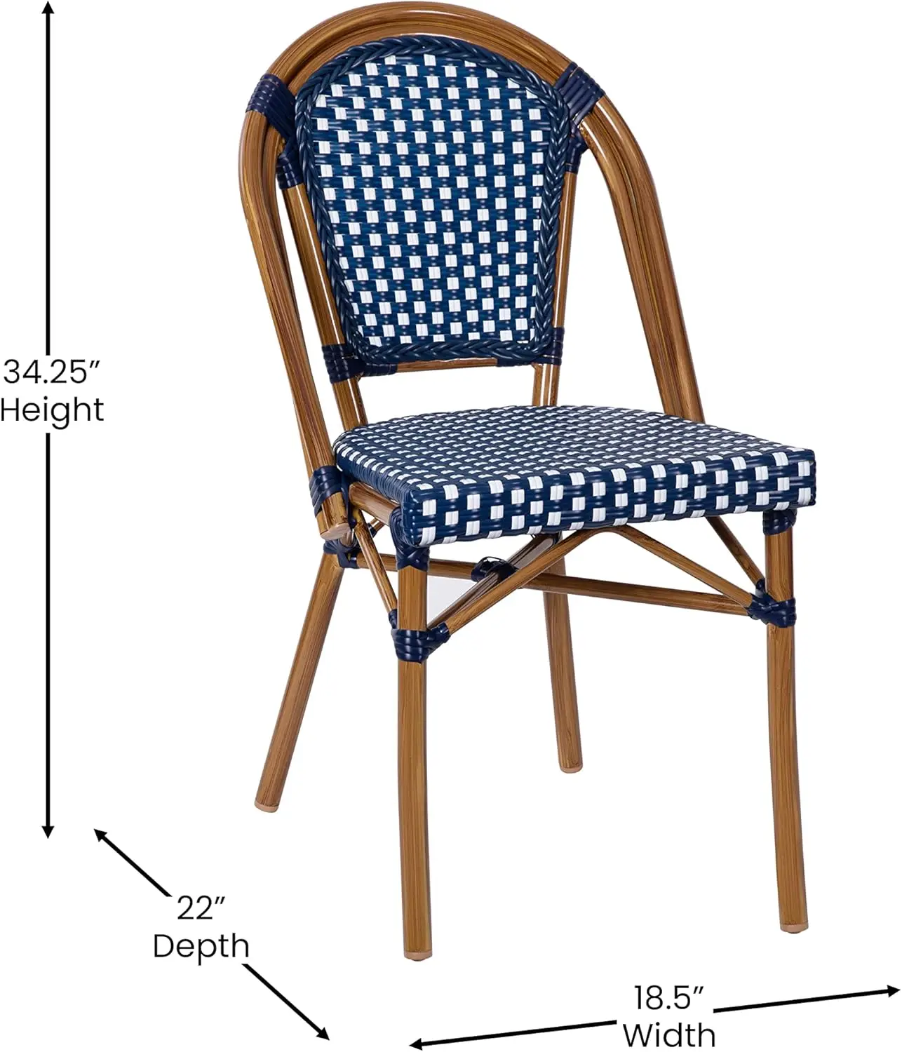 Indoor/Outdoor Commercial French Bistro Stack Chairs - PE Rattan Back and Seat - Natural Bamboo Print Aluminum Frame