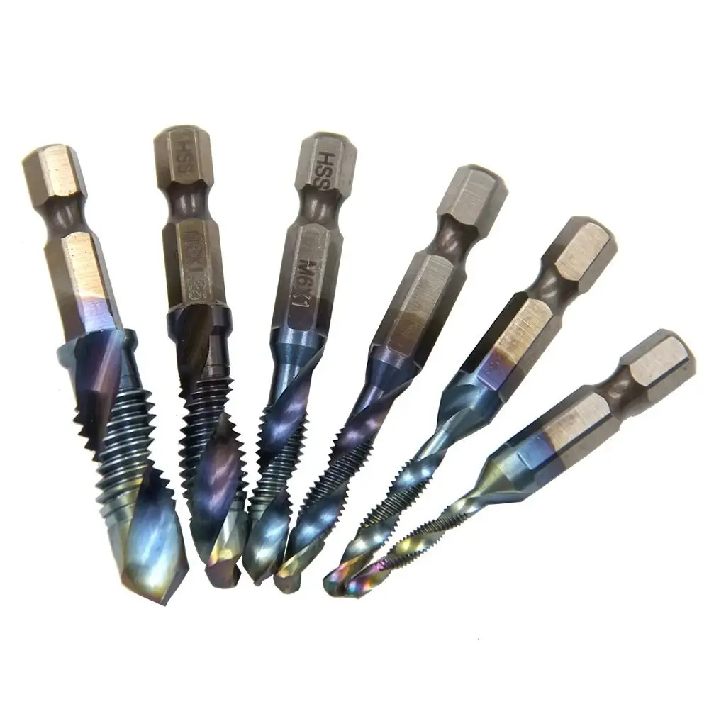 6Pcs Hexagon Shank Blue Composite Tap Plating Blue Drilling and Tapping Integrated Tap Chamfering Tool Set Anti-shock