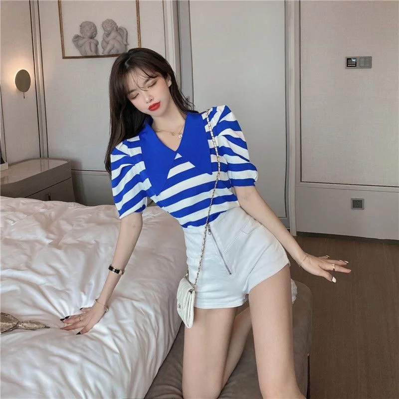 Knitted Bubble Sleeve Short Sleeved T-shirt Women's Stripe 2023 Summer Design Small Crowd Camisetas Tops Women T-shirts Clothing