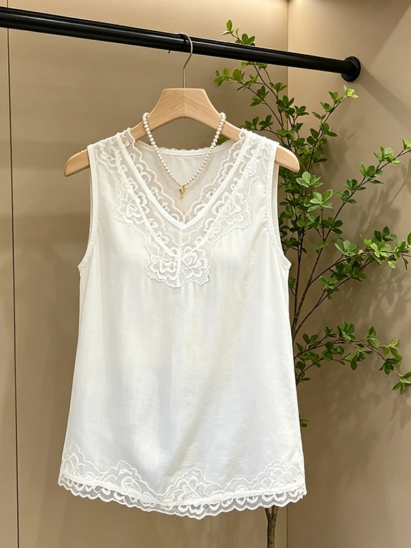 

plus Size Women's V-Neck Lace Patchwork Tank Top Summer New Loose Slimming Casual Simple Top Commute Style Outerwear