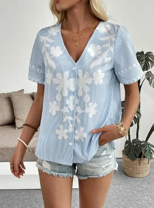 

Korean Popular Clothes 2025 Summer Hot Selling New V-Neck Versatile Work Commuting Printed Loose Shirt Top for Women Blouse