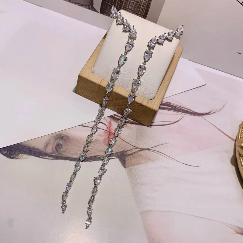 Bilincolor Fashion Cubic Zirconia Simple Long Tassel Earring for Women