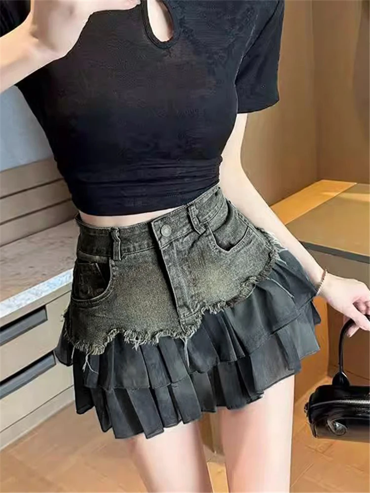 Gyaru Sle Patchwork Denim Skirt Women's Summer Design Sense Retro Sheath A- line Skirt Cake Skirt Pleated Short dress