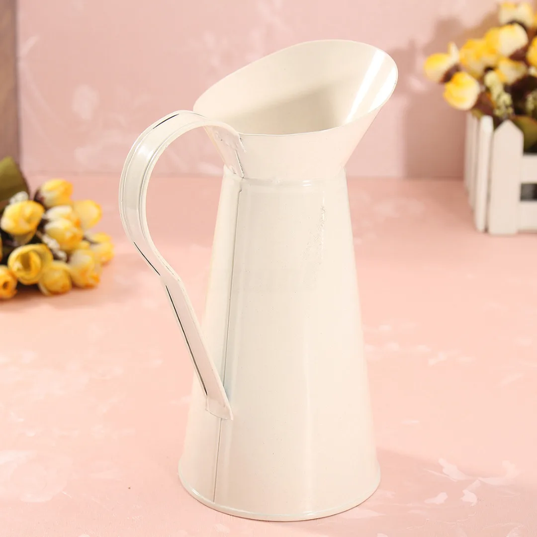 

Vintage Tall Metal Chic Cream Vase Enamel Pitcher Jug Wedding Home Decor 2pcs