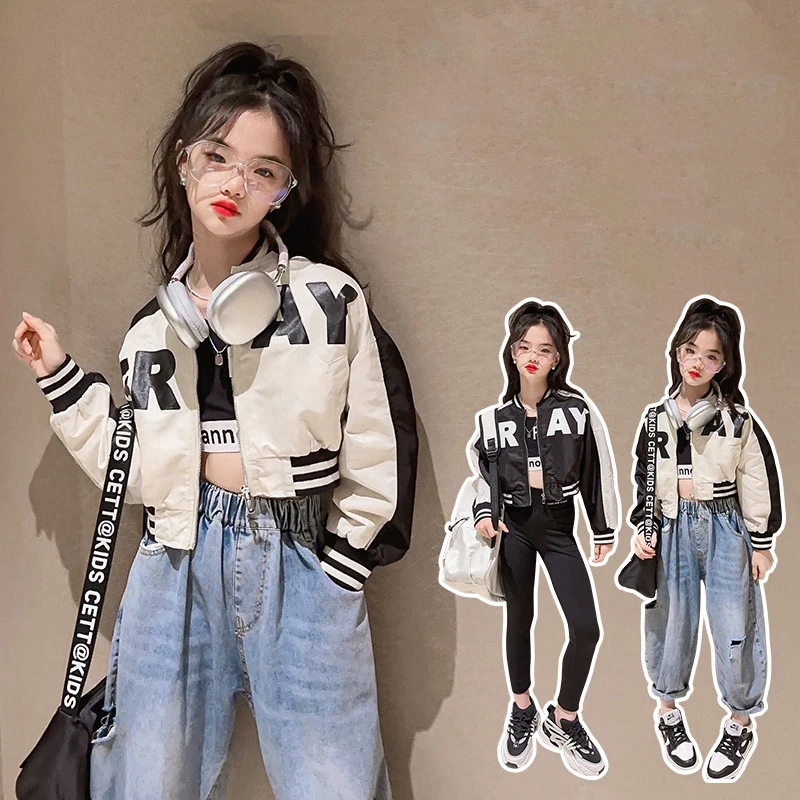 Spring Autumn Teen Girls Jacket 2024 New Fashion Letter Zipper Coats For Kids Windbreaker Outerwear 4-13 Years Children Clothing