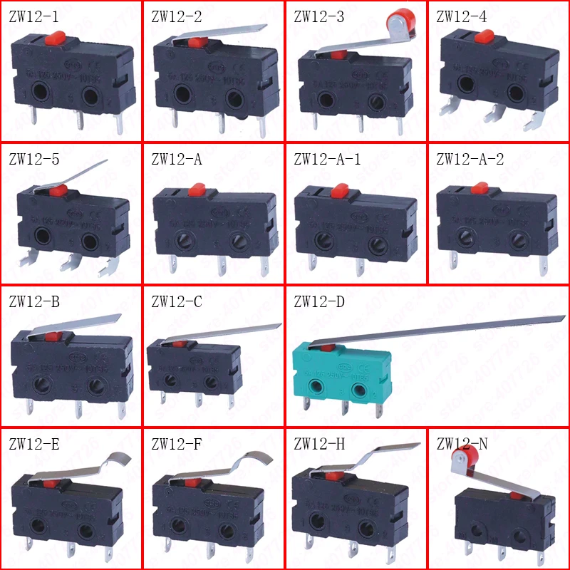 5Pcs/Lot Micro Switch 10mm x 20mm Limit Switch 3 Pin/2 Pin 5A 250VAC ZW12 Series Tact Switch On Off