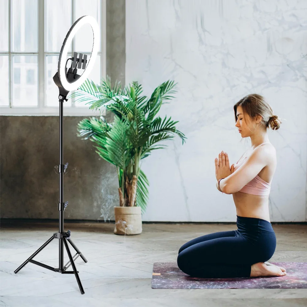 18 بوصة مصباح مصمم على شكل حلقة مع حامل ثلاثي القوائم جدار قوس 3200-6500K صور إضاءة الاستوديو ل Vlog تصوير الفيديو ماكياج Selfie مصباح مصمم على شكل حلقة