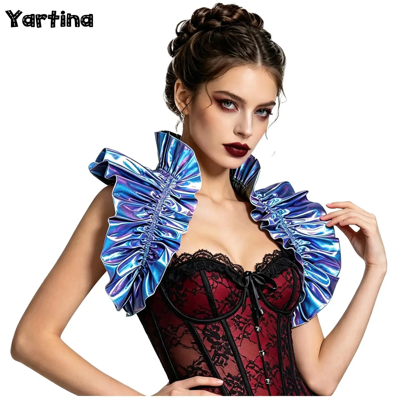 Womens Victorian Renaissance Shrug Wrap Capelet Hologram Ruffle Shoulder Shrug Tie‑Back Bow Gothic Victorian Costume Accessory