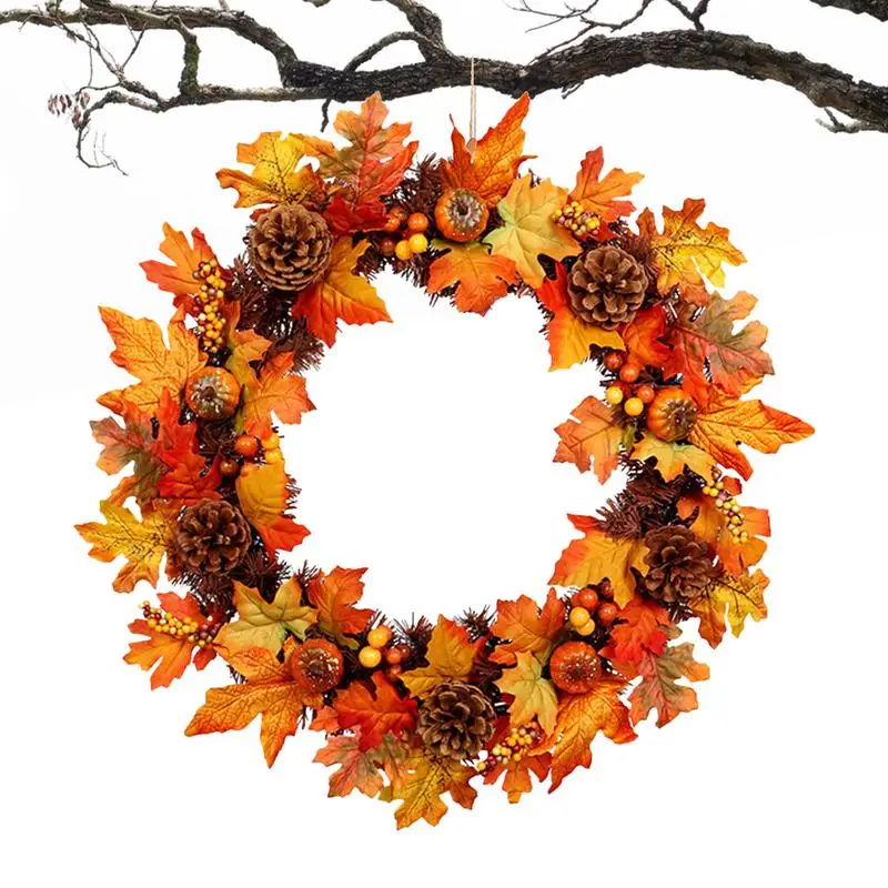 

Fall Wreath Front Door Harvest Wreath Decorations Rustic Round Wall Hung Wreaths With Maple Leaves Pumpkin For Thanksgiving