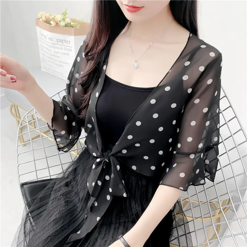 Korean Dot Printing Sun Clothing Women Chiffon Transparent Sunscreen Shawl Summer Blouse Cape Knotted Cloak Neck Guard Scarf R14