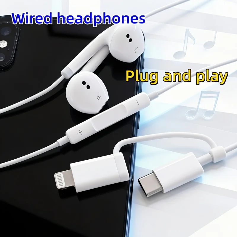 2-in-1 USB-C + Lightning adapter headphones, compatible with iPhone 17/16/15/14/13/12/11/XR Pro Max and Samsung S23 FE S22 S21 S20 A53 A54. Wired in-ear Type-C headphones with volume control and stereo bass, compatible with most Android devices.