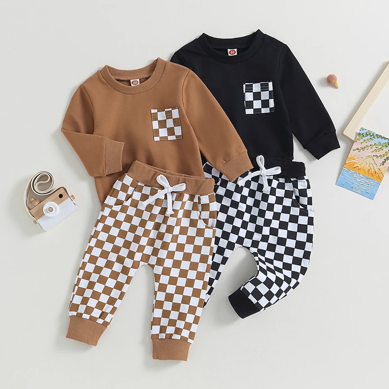 Lioraitiin 0-3Y Toddler Baby Boys Clothes Sets Long Sleeve Sweatshirt Tops and Checkerboard Print Drawstring Pants Tracksuit Set