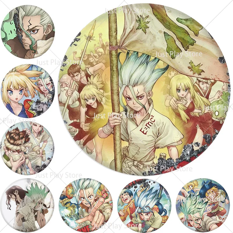 Anime Dr Stone Senku Ishigami Cartoon Badges Button Round Pin Brooch Badge Bag Decoration Figure Fans Collect Friends Xmas Gifts