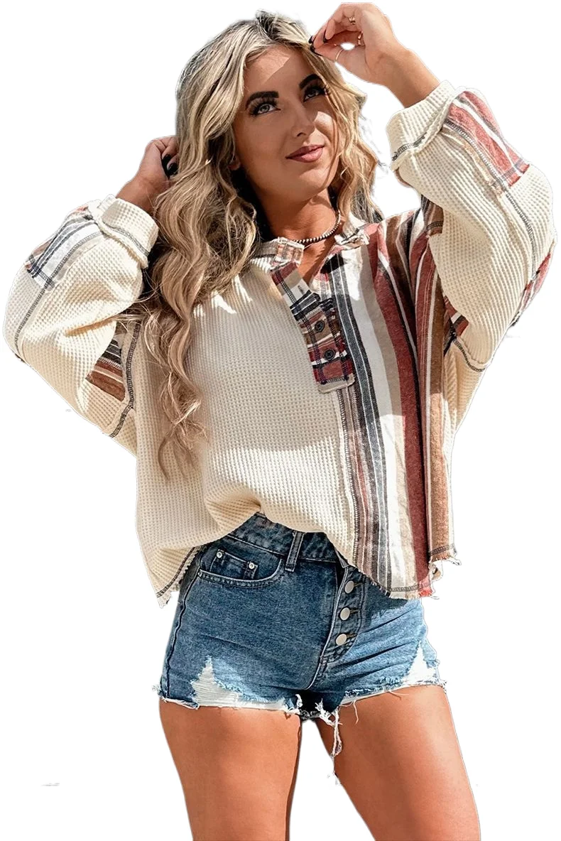 

Casual Waffle Pullover For Women Autumn Fashion Loose Button Contrast Color Spliced Long Sleeved Sweatshirt New Trendy Clothing
