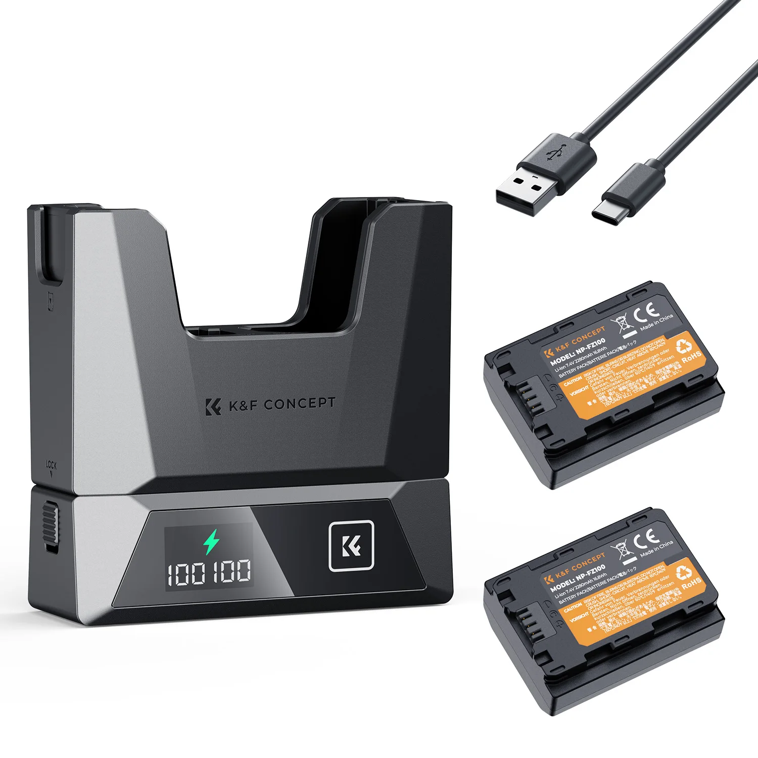 K&F Concept NP FZ100 2Pcs 2600mAh Camera Battery NP-FZ100 18W PD Fast Charger 2 Slots for Sony A9 A7M4 A7R5 A7C ZVE1 A6700 A7III