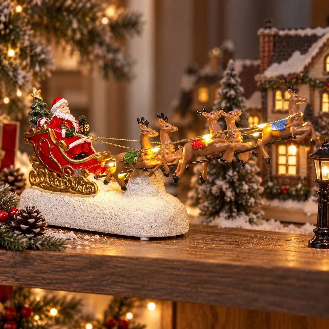 Christmas Village Decoration Santa Sleigh Reindeer Figurine Lighted Musical Christmas Fireplace Tabletop Holiday Home Decor Gift