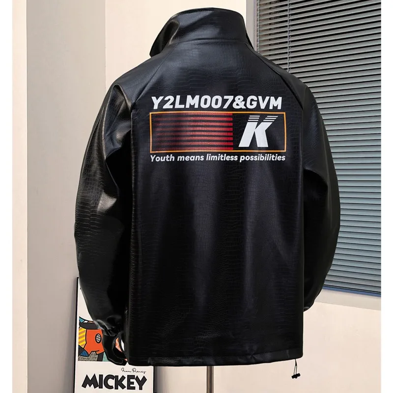 Men Y2K Crocodile Texture Faux Leather Jacket Stand Collar Back Letter Print Loose Oversized Streetwear Male Outer Coat