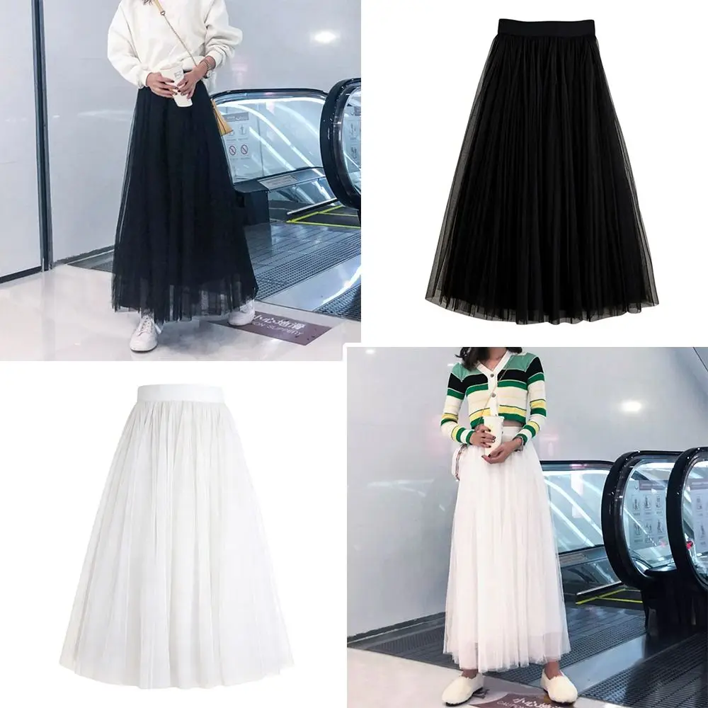 

Модная трехслойная юбка из сетчатого тюля с эластичной резинкой на талии, ретро-платье макси с высокой талией, плиссированная юбка-лонгет для вечеринок