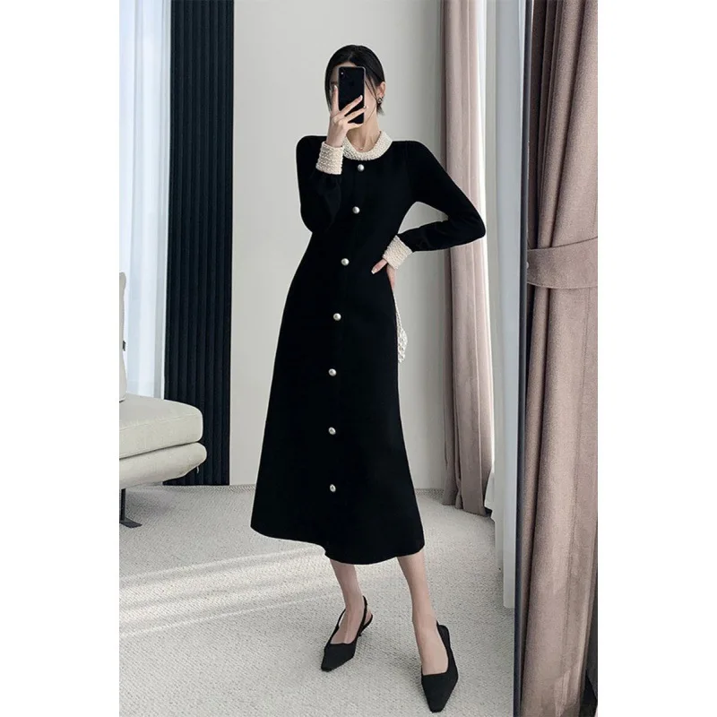 فستان أسود طويل متماسك كوري ياباني جديد لعام 2025 للنساء لربيع وخريف مصنوع بحرفية ثقيلة فساتين سوداء صغيرة غير رسمية فرنسية #4
